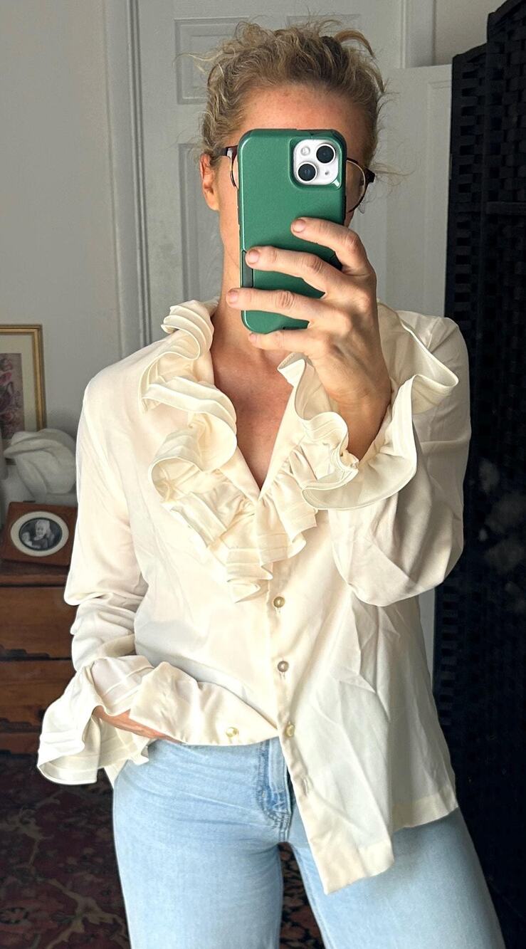 1970s Buttercream Ruffle Blouse, Vintage Long Sleeve Button Down Shirt Sz M